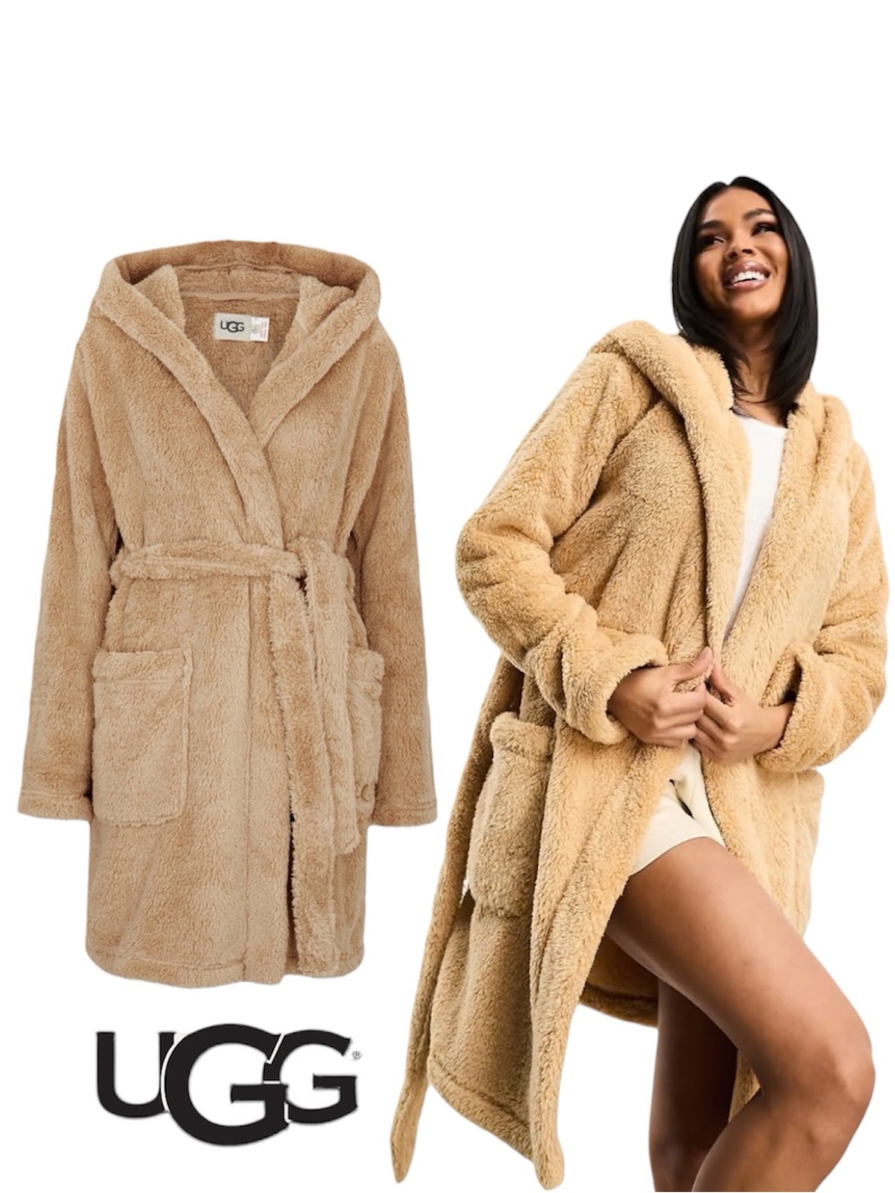 UGG Aarti Hooded Teddy Sherpa Fleece Robe in San Camel Beige NWT Sz. M